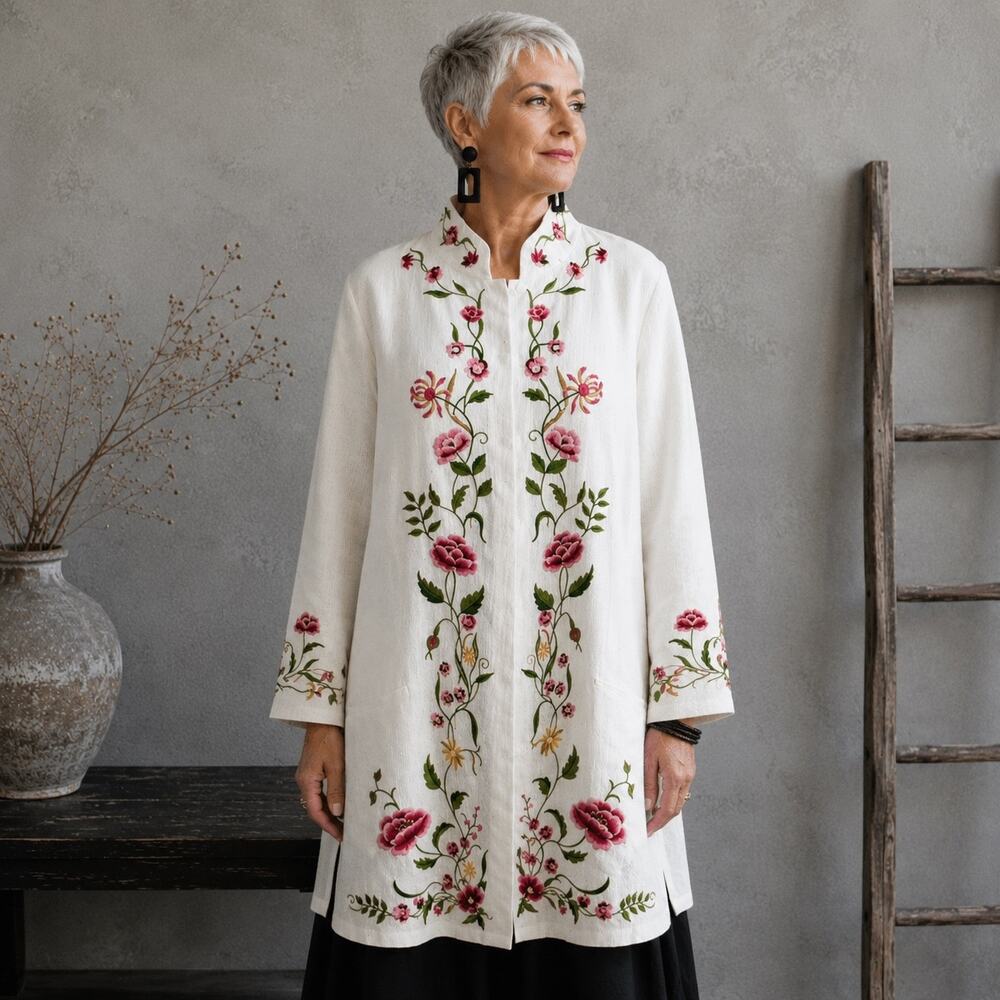 Victor Costa White Floral Embroidered Long Line Coat 1X